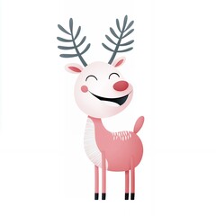 Fototapeta premium Cute Pink Cartoon Reindeer with Antlers Smiling on White Background