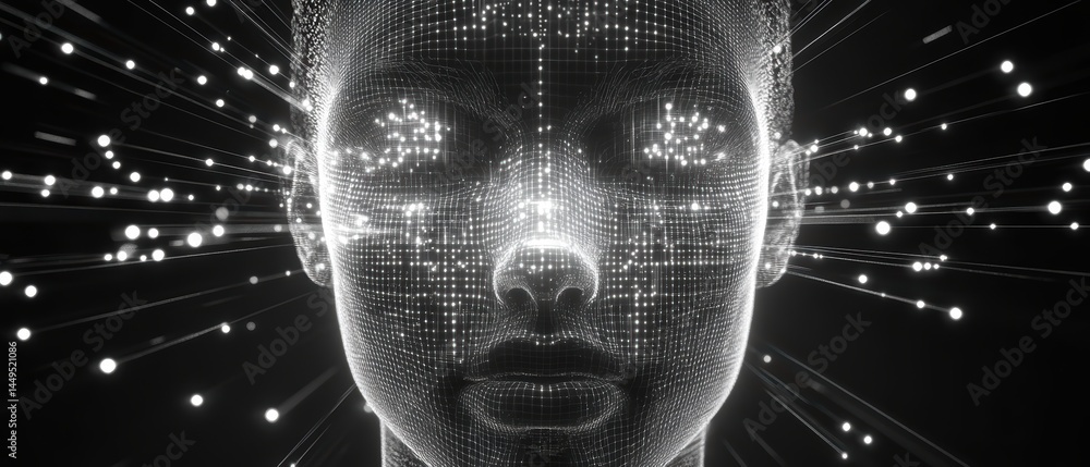 Poster digital female face with glowing light streaks and grid structure in black and white