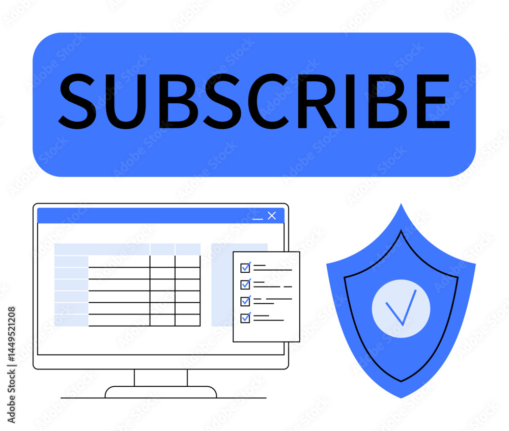 Poster subscribe button above computer screen displaying data table and checklist. security shield emphasiz