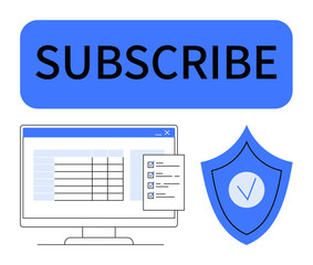 Subscribe button above computer screen displaying data table and checklist. Security shield emphasizes data protection. Ideal for online services, user registration, security, analytics, marketing