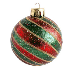 Glittering christmas ornament with red and green stripes on white background