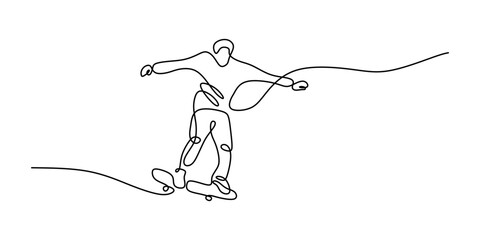 Minimalist One Line Young Man Skateboard. Outdoor Fun Lifestyle Vector Art.