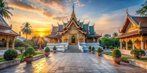 A tranquil morning scene at Wat Si Phan Ton Temple in Nan, with soft light illuminating the serene stone pathways and ornate carvings, buddhist architecture, nan temple