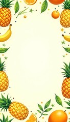 Seamless tropical fruit pattern (pineapple, banana, orange) at the bottom of the image, top area left blank for text, summer colors, bright and playful style