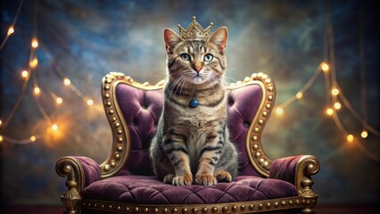 Feline royalty sits atop plush velvet cushion, adorned with glittering crown and sparkling jewels, exuding regal elegance and whimsical charm, plush throne, royal feline