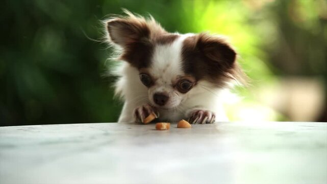 A chihuahua is eating kibble on the table.