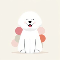Happy Fluffy White Cartoon Dog with Pastel Pink Balls Illustration