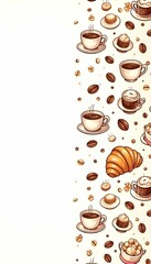 Obraz premium Seamless coffee doodle icons (cup, beans, croissant) filling right side of canvas, left side clean white area for copyspace, warm tones, cozy café mood