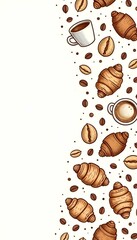 Obraz premium Seamless coffee doodle icons (cup, beans, croissant) filling right side of canvas, left side clean white area for copyspace, warm tones, cozy café mood