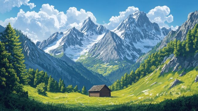 A mountain range with a small hut in the middle