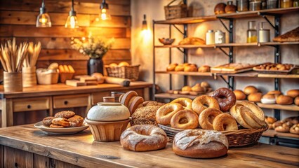 Fototapeta premium Freshly baked bread and gourmet donuts displayed on a wooden counter in a cozy boutique bakery shop with rustic decor, soft natural light, and warm atmosphere, Bread, Bakery