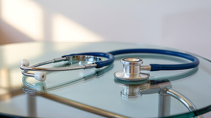 Medical stethoscope on glass table ready for patient check up healthcare symbol of hope and healing
