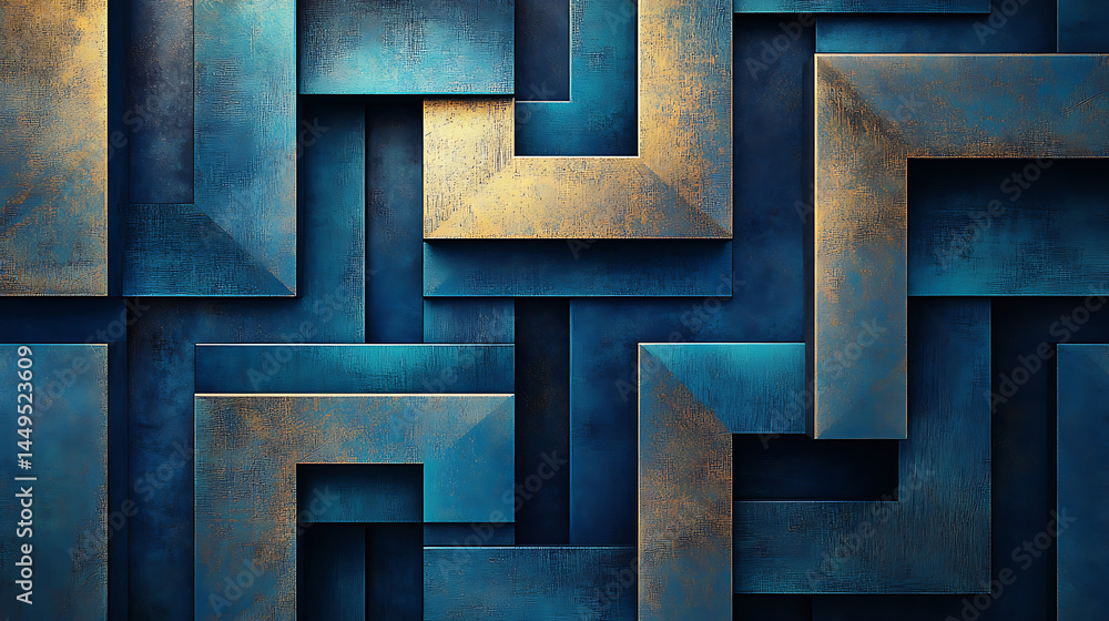 Poster abstract blue and gold geometric shapes overlapping creating a three dimensional textured modern bac