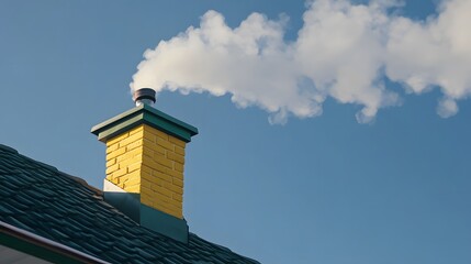 Yellow Brick Chimney with Smoke Stack Against Blue Sky