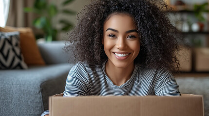 Woman smiling, inside cardboard box, home
