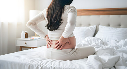 Expectant Mother Holding Lower Back on Bed, pregnant Woman with back aches 