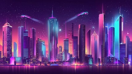 Futuristic cityscape at night, vibrant neon lights illuminating towering structures,  hovering vehicles against a starry backdrop - Powered by Adobe