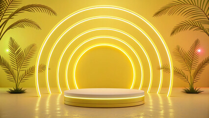 Obraz premium Neon yellow futuristic showcase, round product display stage with glowing background, 3d illustration.