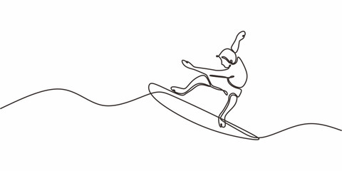 Minimalist Single Line Surfer Board. Surfing Concept Vector Graphic Art.
