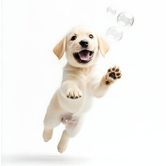 a baby Labrador Retriever puppy running or jumping in excitement, trying to catch soap bubbles in the air. white background