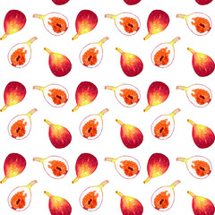 カットしたイチジクのパターン　手描き水彩イラストの果物柄