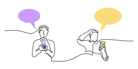 Minimalist One Line Two People Phones. Talking Communication Theme Vector Graphic.