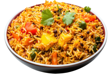 Vibrant rice pilaf in a bowl brimming with veggies and fresh herbs