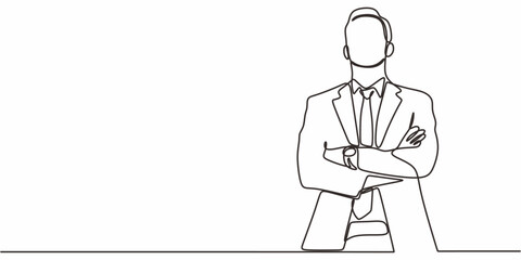 Single Line Art Executive Male. Arms Crossed Leadership Strength Minimalist Graphic.