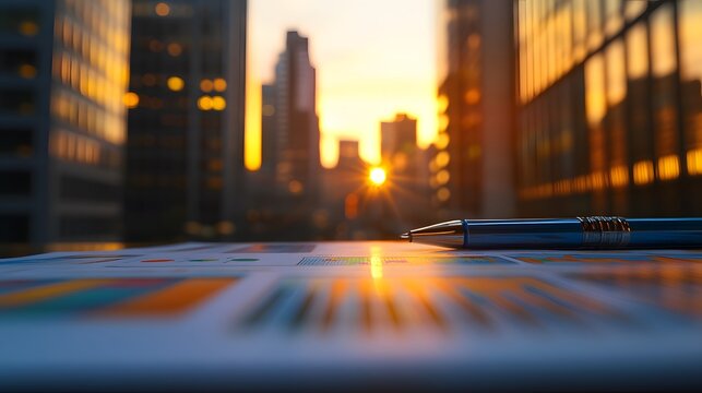 Financial Analysis Pen Sunset Cityscape Charts Graphs