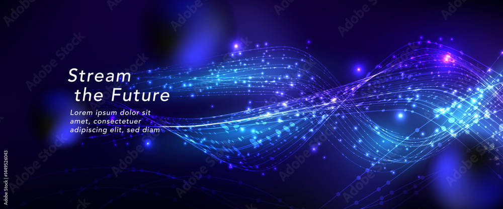 Poster abstract technology background with glowing blue and purple curved lines. dynamic data flow, digital