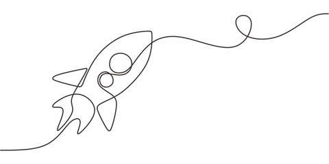 Single Line Vector Art Rocket Launching. Upward Growth Achievement Concept.