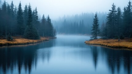 Serene lake surrounded by misty forests and evergreen trees on a foggy day