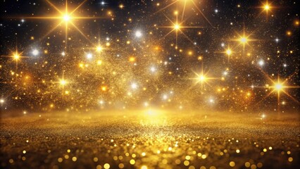 Cosmic dust scattered on golden floor background with twinkling starry night sky