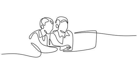 Continuous One Line Drawing Two Men Laptops. Working Collaboration Tech Vector.