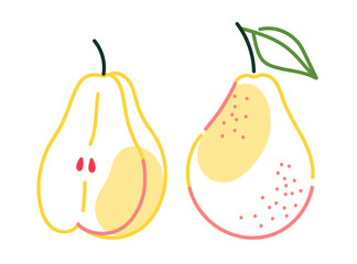 Whole pears and cut in half drawn in minimalistic linear style. Flat vector illustration on white background. Healthy food and fruit concept