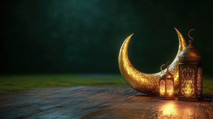 A festive Eid Mubarak greeting card with a golden crescent moon, mosque silhouette, and lanterns on a dark green background.