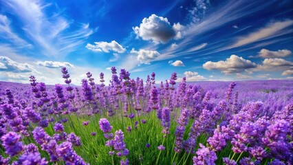 A field of lavender flowers with a border of purple blossoms and green leaves, set against a bright blue sky with a few white clouds, lavender fields, botanicals
