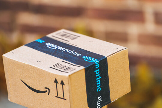 Amazon Prime shipping box resting on grass 13.09.2024 Europe, Poland