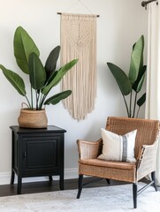 Interior design with plants, macrame wall hanging, and a wicker armchair in a bright room
