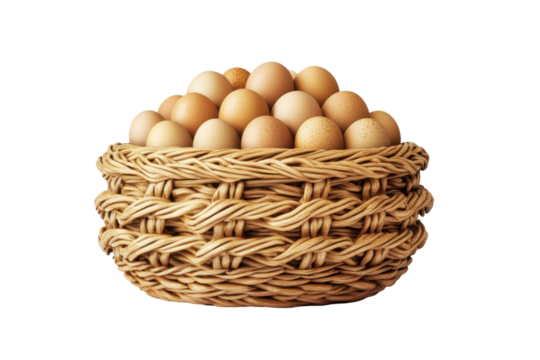 Woven basket overflowing with speckled  smooth brown eggs against a stark black void