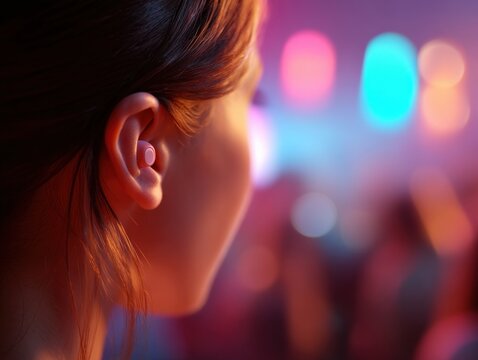 Realistic close-up of ear fitted with modern concert earplug, background filled with colorful stage lighting and crowd blur, audio protection in action, Selective Focus, Copy Space..