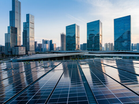 City Rooftop with Solar Panels and Urban Buildings