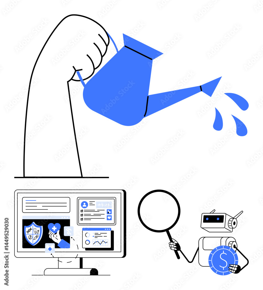Poster hand watering plants symbolizing growth, desktop displaying charts for analysis, robot with magnifyi