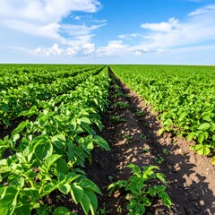 Vast green potato field under clear blue sky on a sunny day
