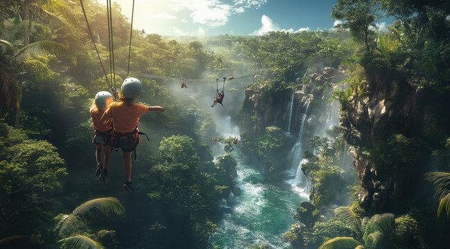 family enjoying thrilling zipline adventure over lush jungle landscape, surrounded by vibrant greenery and cascading waterfalls, creating sense of excitement and connection with nature