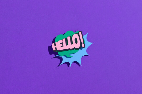 Colorful Comic Style Hello Text on Purple Background