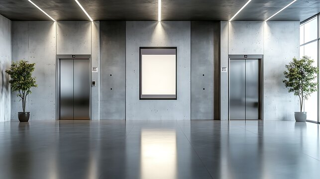 Interior Lobby with Two Modern Elevators, Lighted Display Frame, Concrete Texture