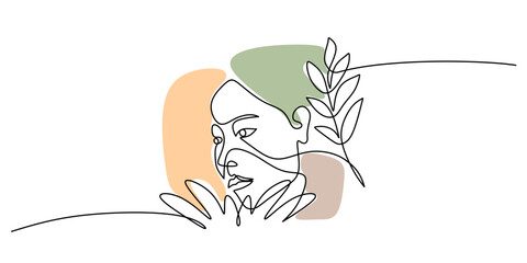 Continuous One Line Drawing Abstract Woman Face. Plants Nature Beauty Vector Art.