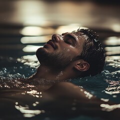 Serene Relaxation Man Floating in Water Embracing Tranquility and Peaceful Solitude in a Warm Pool