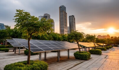 Fototapeta premium Solar panels in a city park at sunset. Possible use Stock photo for renewable energy, urban landscape, environmental themes